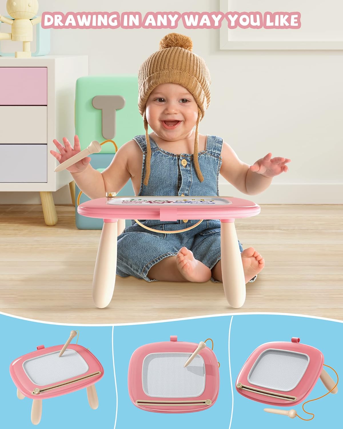 A happy toddler enjoying the Kikapabi Magnetic Learning Board. The image highlights the board’s versatility with different angles shown, emphasizing its ease of use and portability.