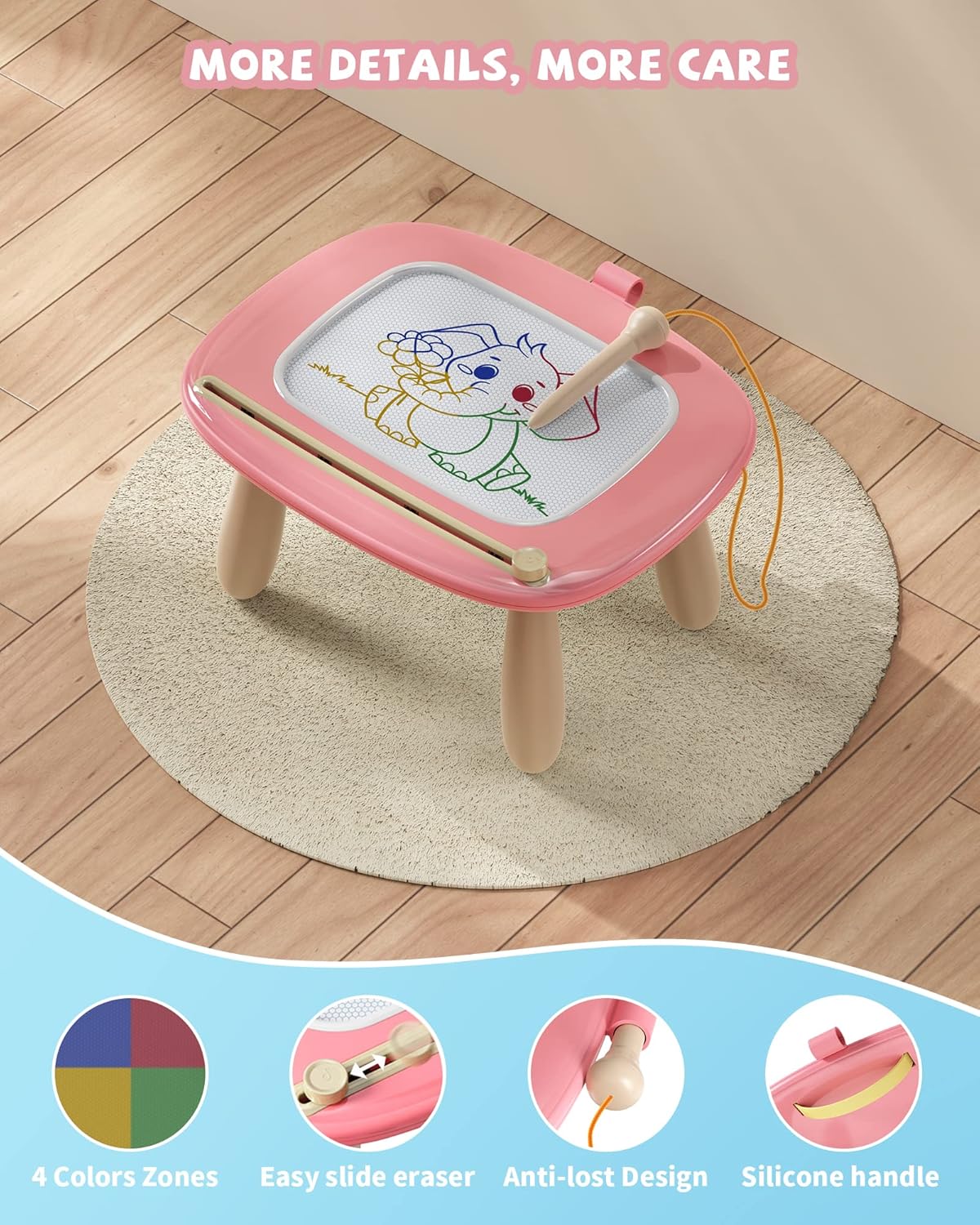 Detailed view of the Kikapabi Magnetic Learning Board placed on a cozy rug. The image highlights additional features such as four color zones, easy slide eraser, anti-lost design, and silicone handle for added convenience.