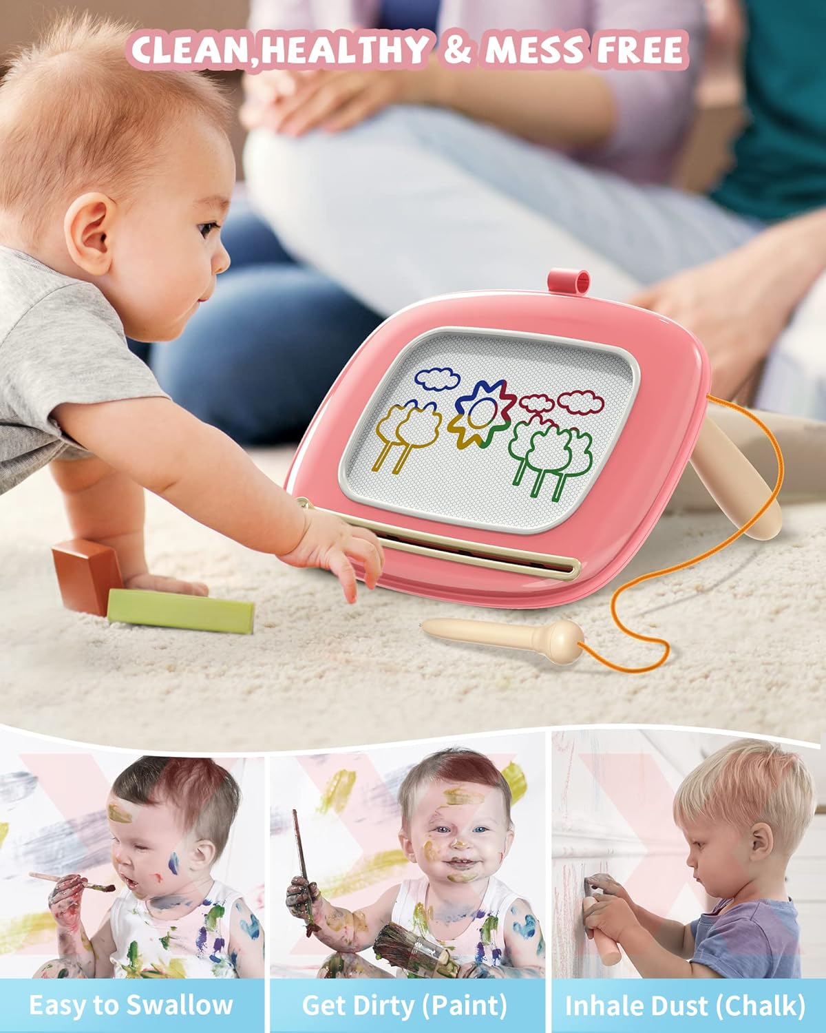 Clean, healthy, and mess-free play with the Kikapabi Toddler Magnetic Learning Board. The image shows a toddler engaged in drawing while avoiding common issues like swallowing, getting dirty with paint, or inhaling dust from chalk.