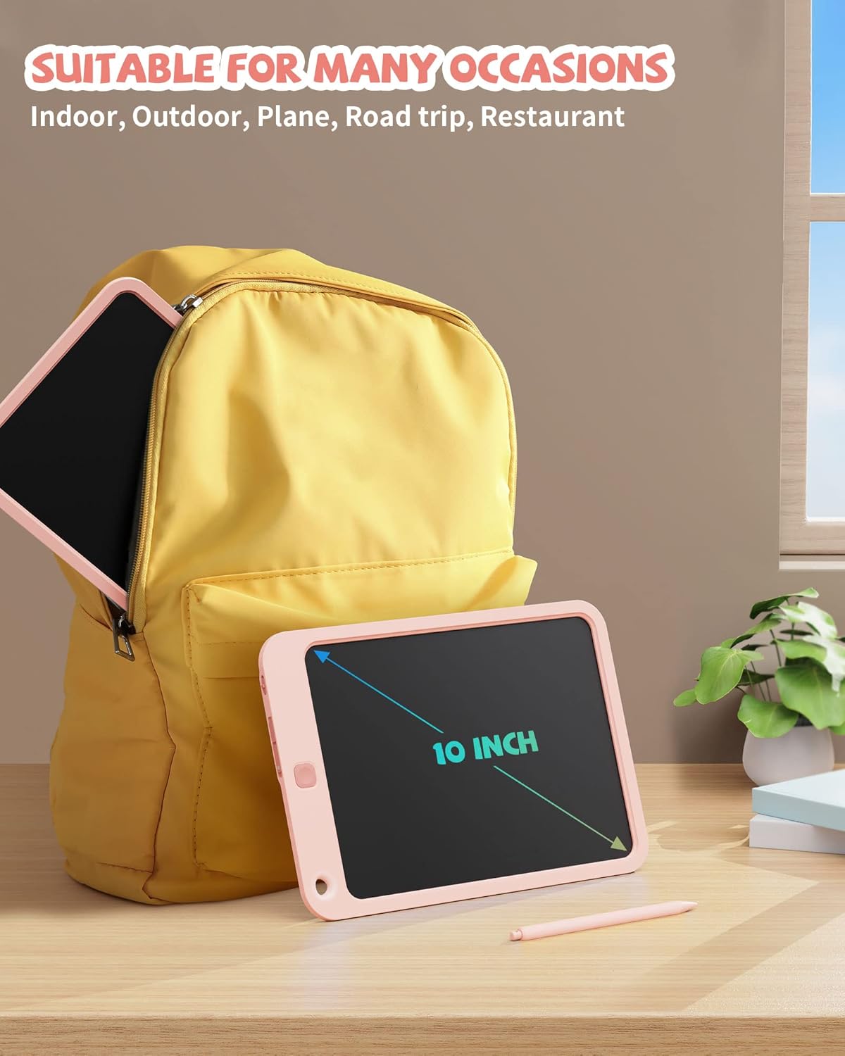 10-inch LCD Writing Tablet by Kikapabi shown with a compact design for travel, fits in a backpack, ideal for indoor and outdoor use.