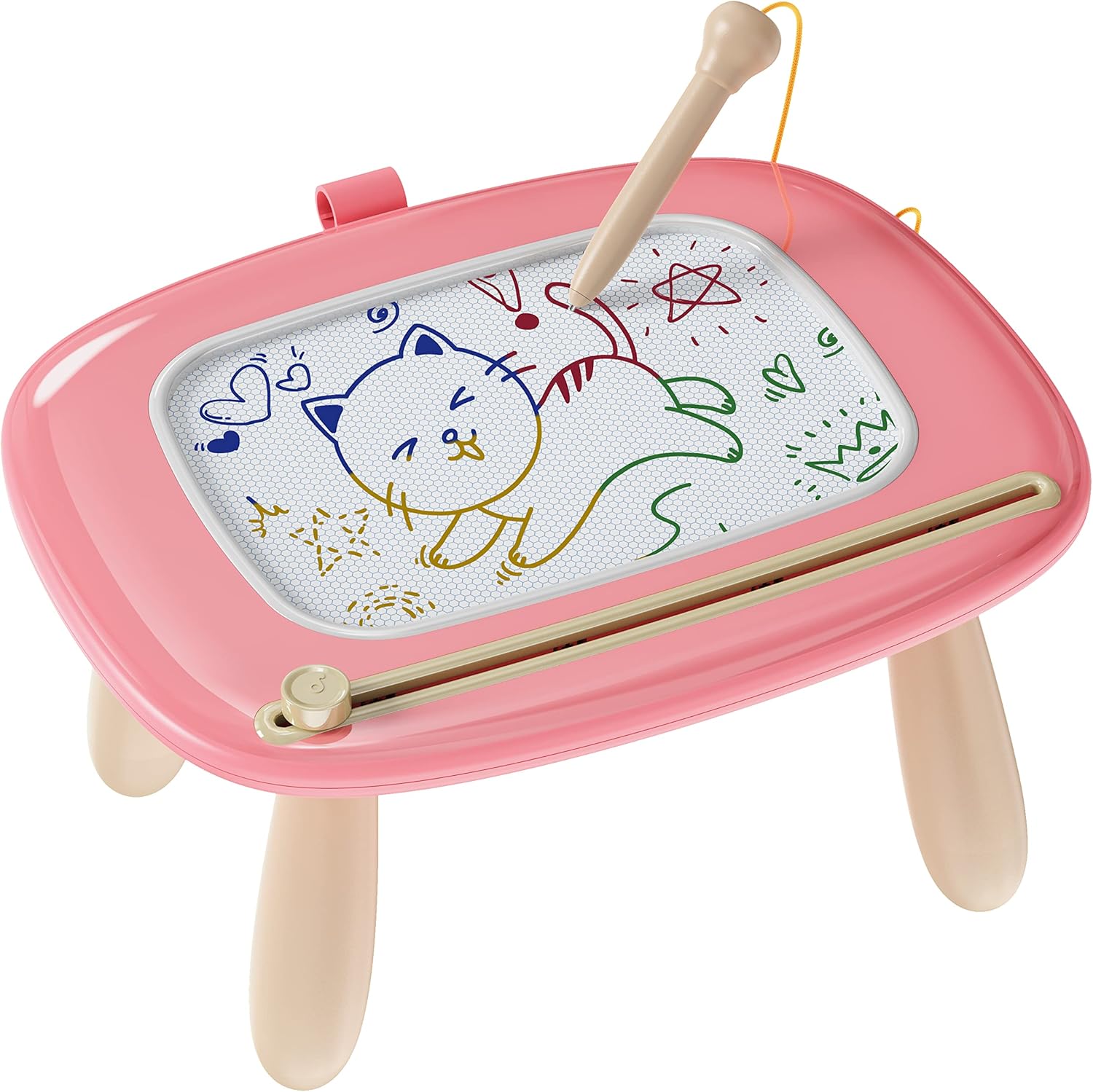 Kikapabi Toddler Magnetic Learning Board featuring a colorful cat drawing on its surface. The pink board includes a pen and eraser, perfect for creative play.