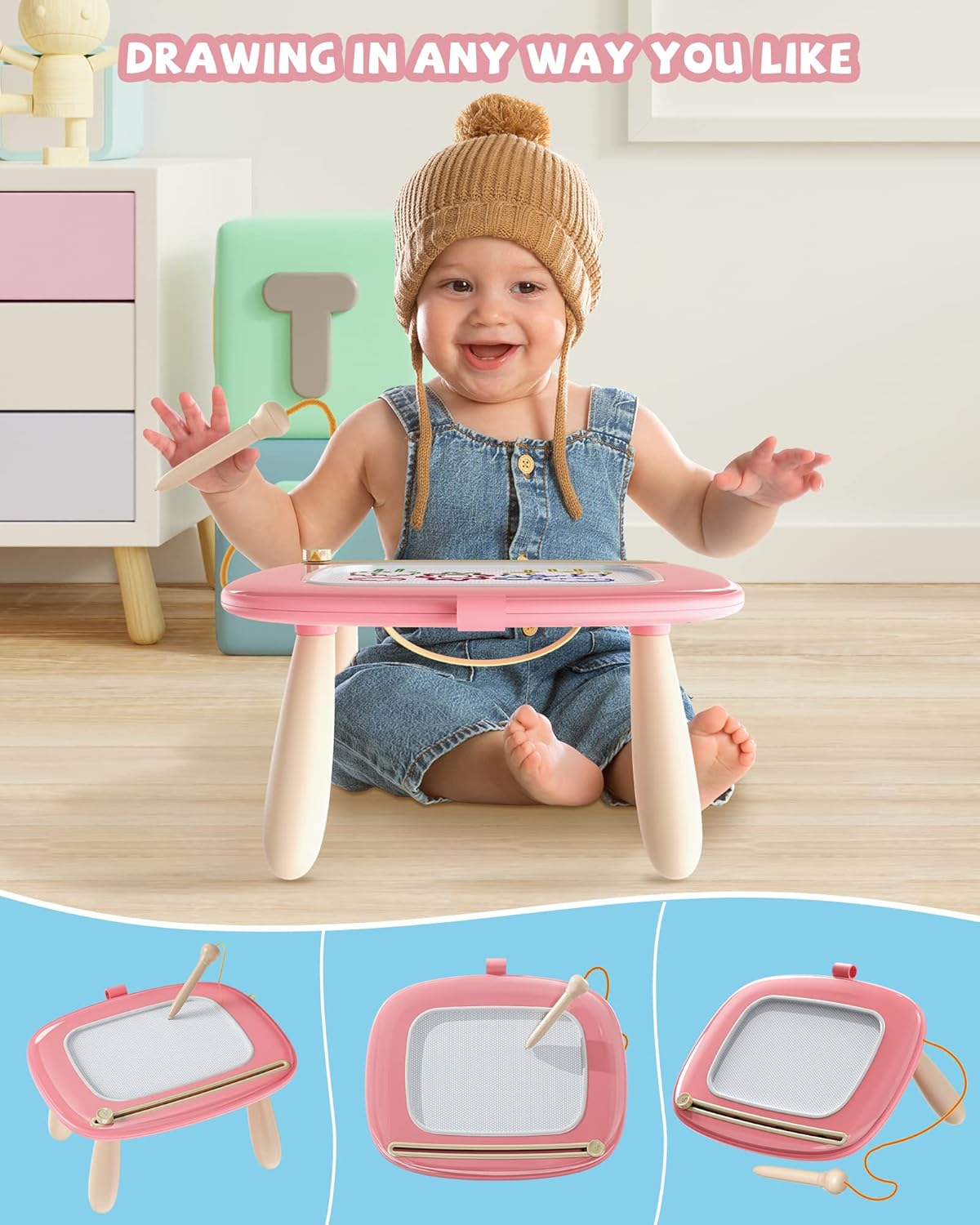 A happy toddler enjoying the Kikapabi Magnetic Learning Board. The image highlights the board’s versatility with different angles shown, emphasizing its ease of use and portability.