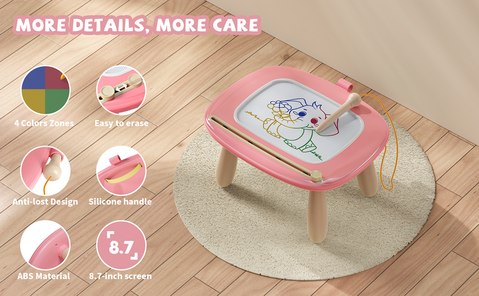 More details, more care with the Kikapabi Magnetic Drawing Board. Features include 4 color zones, easy-to-erase functionality, anti-lost design, silicone handle, ABS material, and an 8.7-inch screen for enhanced drawing experience.