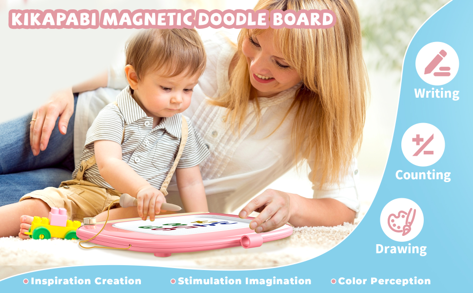 Kikapabi Magnetic Doodle Board – perfect for writing, counting, and drawing activities. A mother and child engaging in creative play, promoting inspiration creation, stimulation of imagination, and color perception development.