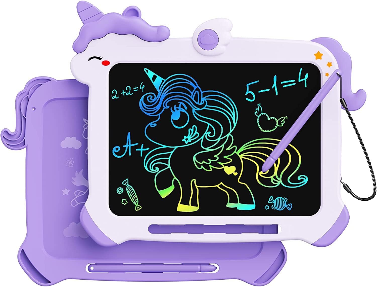 Kikapabi Unicorn LCD Writing Tablet for kids in purple, featuring a colorful drawing of a unicorn, perfect for educational fun.