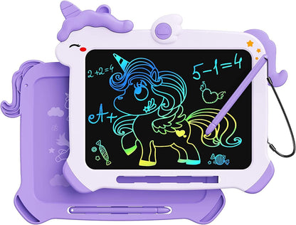 Kikapabi Unicorn LCD Writing Tablet for kids in purple, featuring a colorful drawing of a unicorn, perfect for educational fun.