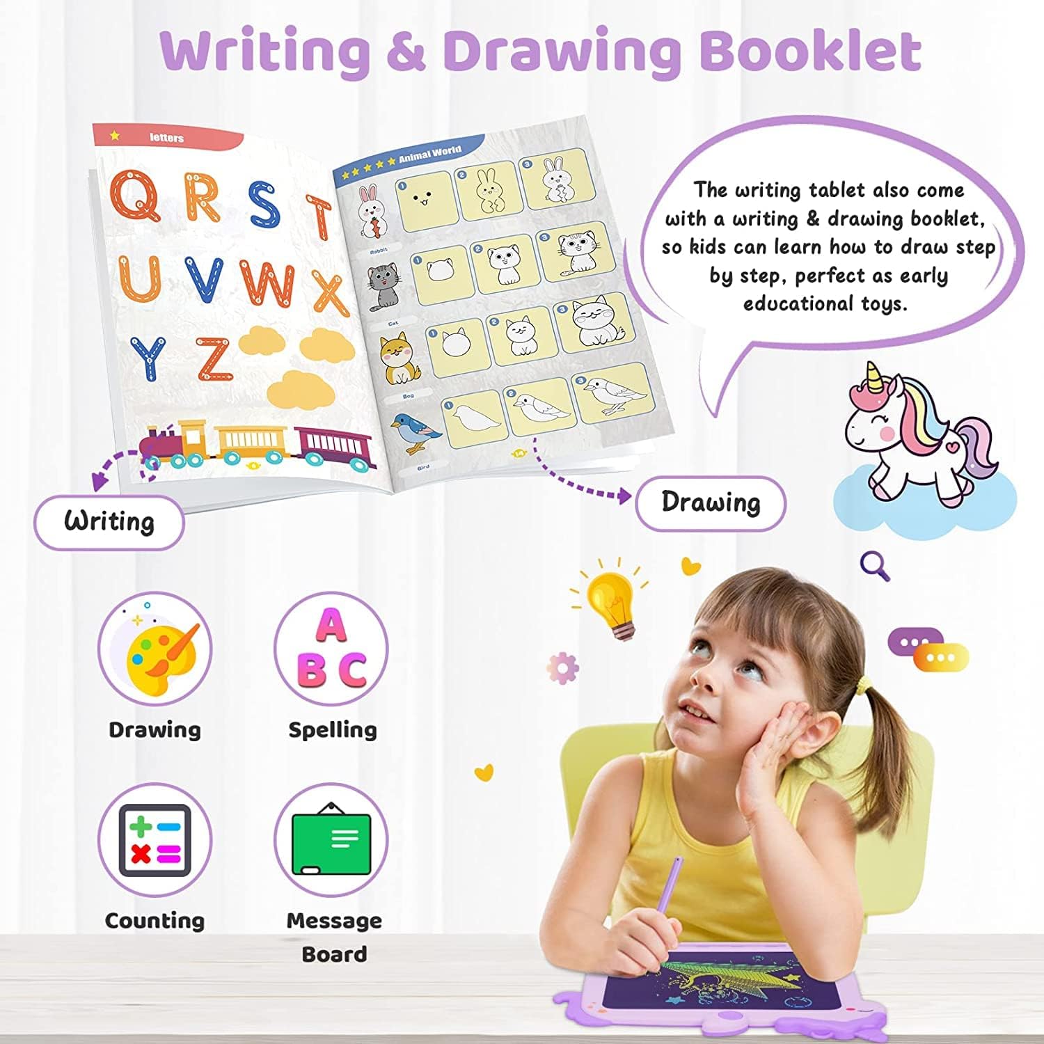 Unicorn-themed LCD Writing Tablet by Kikapabi with an included writing and drawing booklet, ideal for spelling, drawing, and counting.