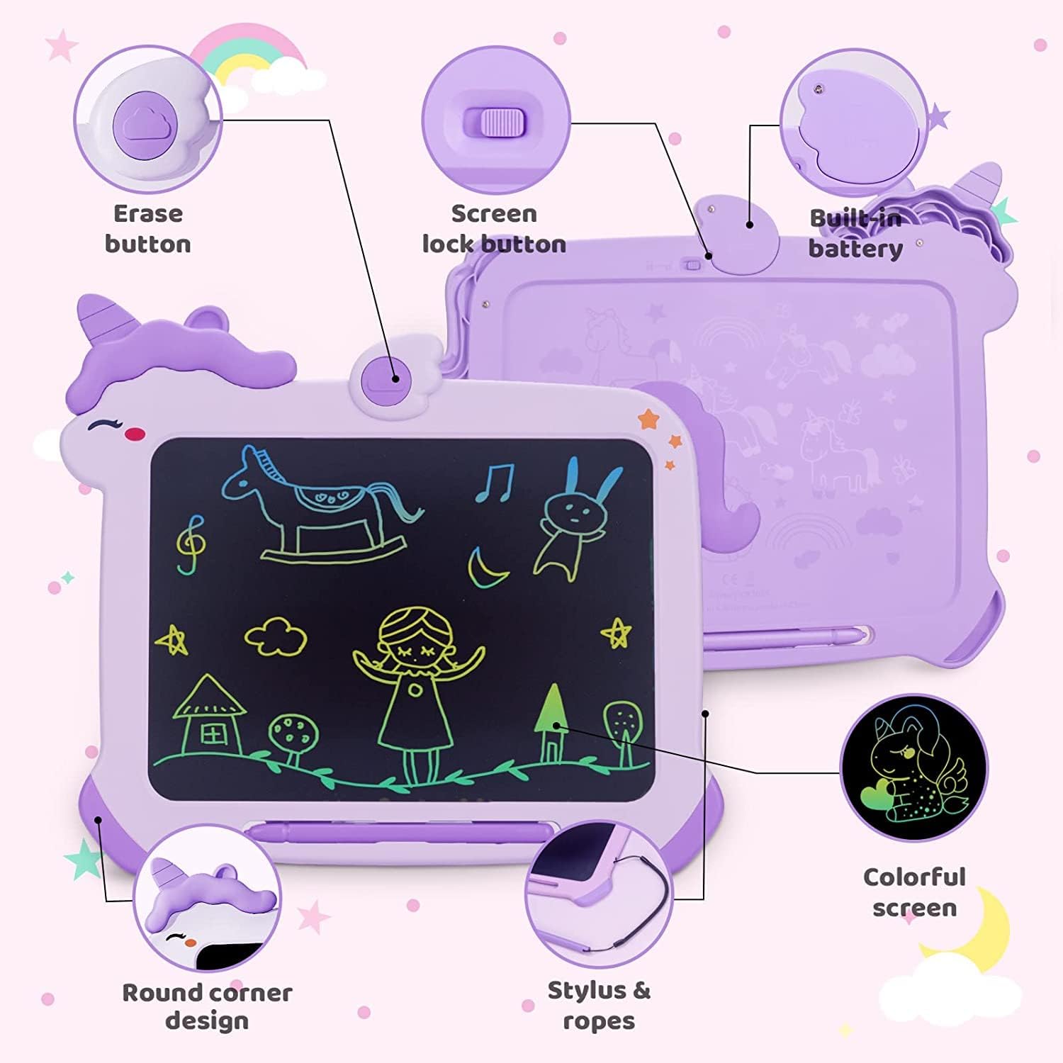 Features of the Kikapabi Unicorn LCD Writing Tablet, including colorful screen, screen lock button, stylus with rope, and erase button.