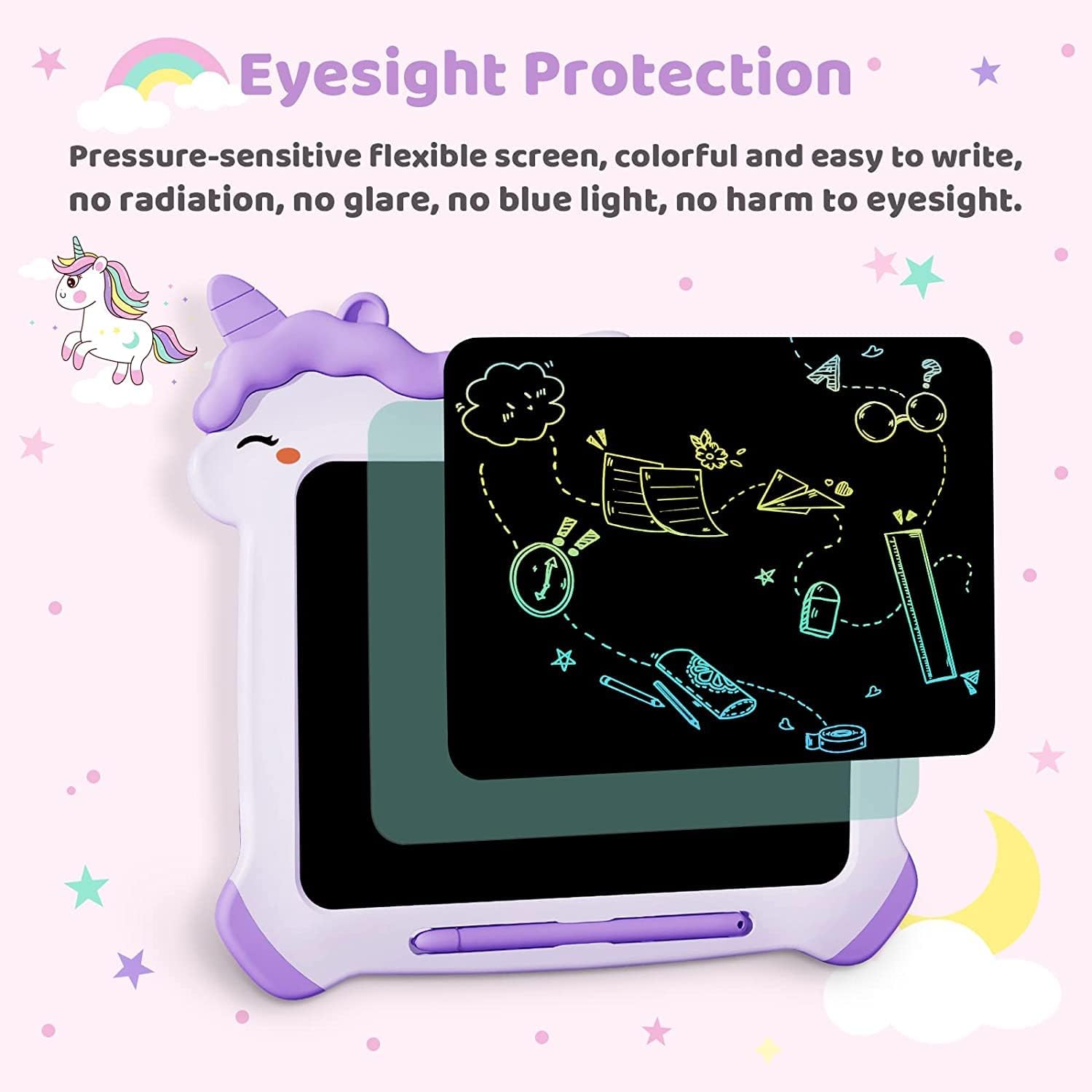 Kikapabi Unicorn LCD Writing Tablet with a pressure-sensitive screen, no radiation, and glare-free design for eyesight protection.