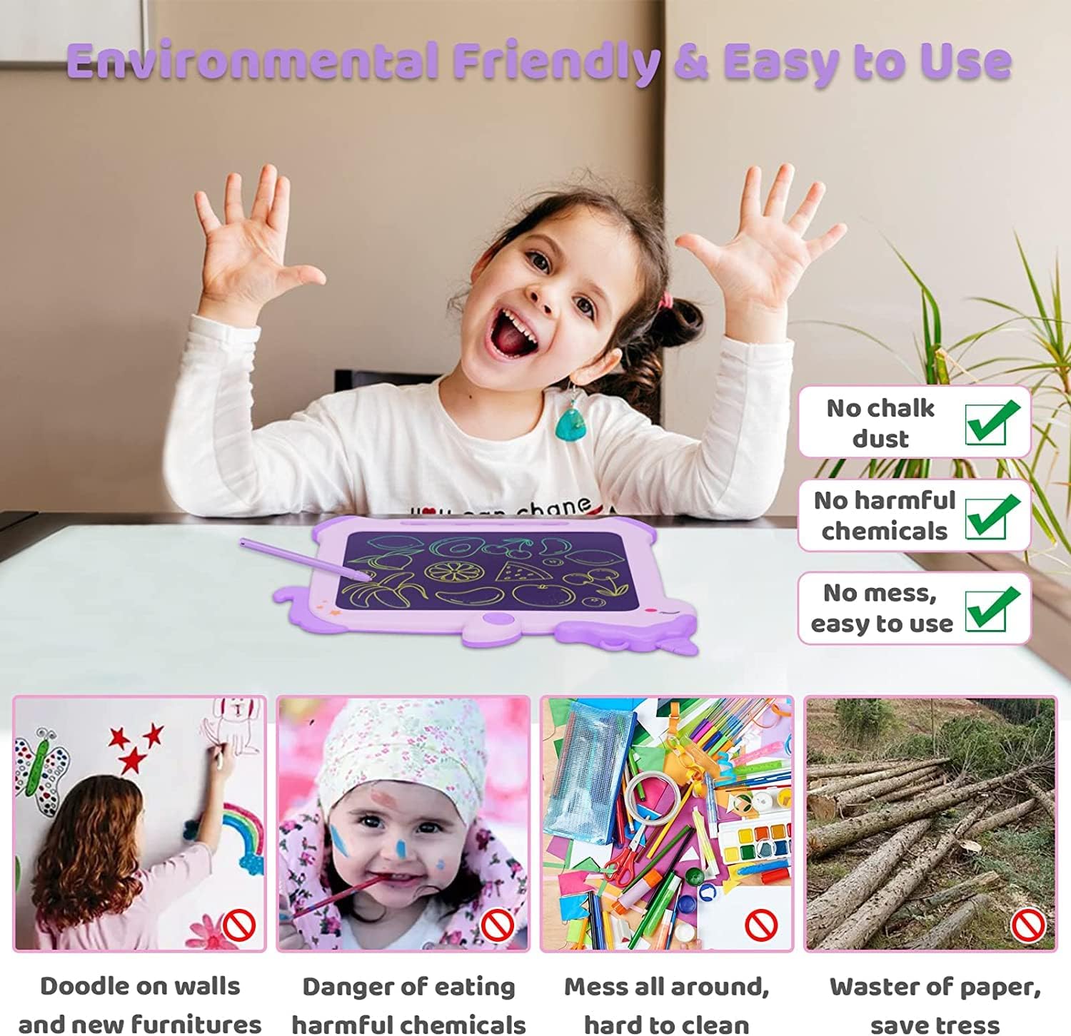 Happy child using the Kikapabi Unicorn LCD Writing Tablet, an eco-friendly and mess-free drawing solution, with no harmful chemicals.