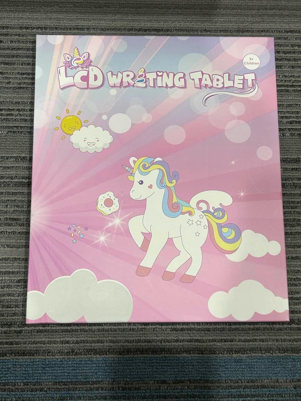 Kikapabi Unicorn LCD Writing Tablet packaging with a magical unicorn design, showcasing its kid-friendly appeal and educational features.