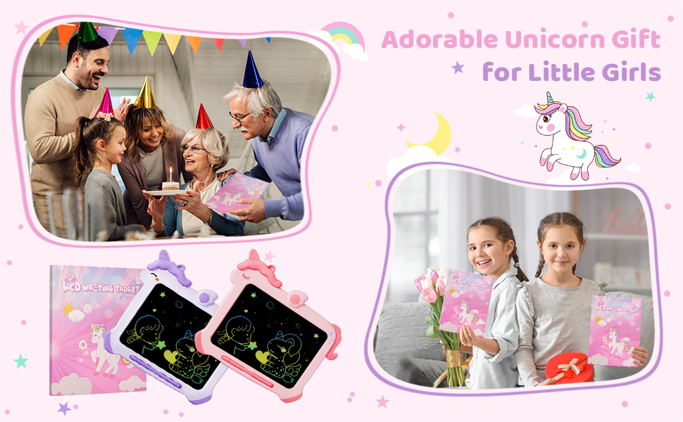 Adorable Unicorn LCD Writing Tablet by Kikapabi, shown as the perfect gift for little girls, ideal for birthdays and celebrations.