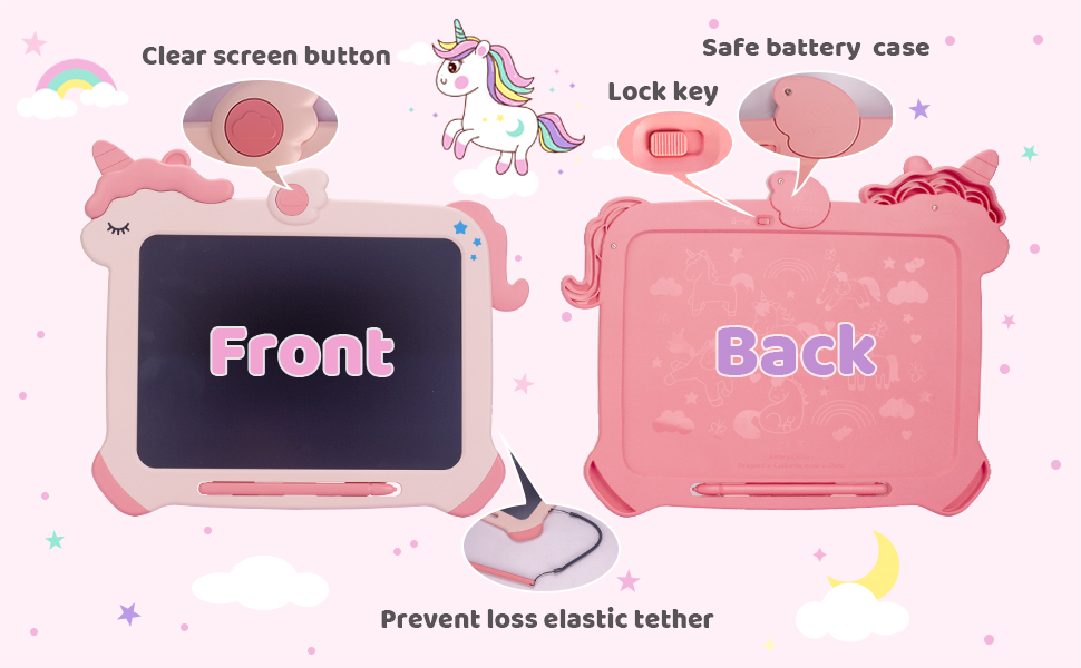 Front and back view of the Kikapabi Unicorn LCD Writing Tablet featuring a clear screen button, lock key, and safe battery case.