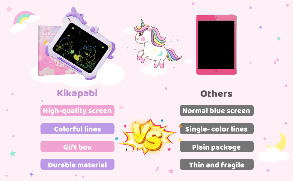 Comparison between Kikapabi Unicorn LCD Writing Tablet and others, highlighting high-quality screen, colorful lines, and durable materials.