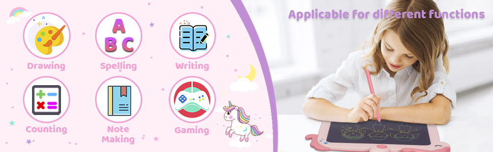 Kikapabi Unicorn LCD Writing Tablet for kids, showcasing its multifunctional use for drawing, spelling, writing, counting, note-making, and gaming.