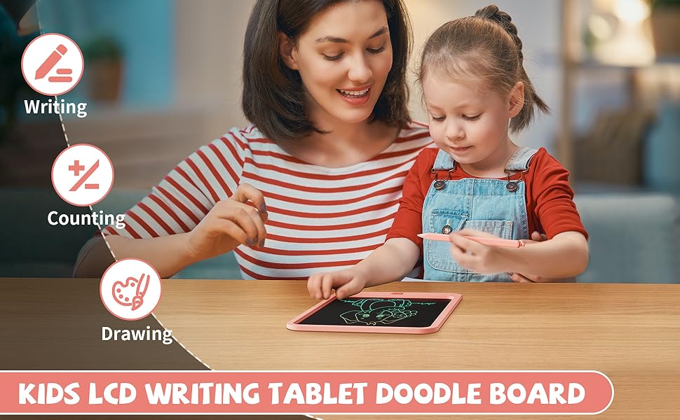 Mother and child using the Kikapabi LCD Writing Tablet for writing, drawing, and counting activities, promoting creativity and learning.