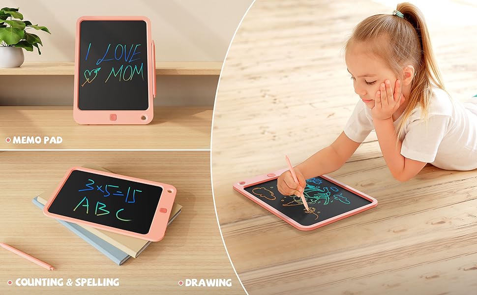 Kikapabi LCD Writing Tablet used as a memo pad, drawing board, and learning tool for counting and spelling activities.