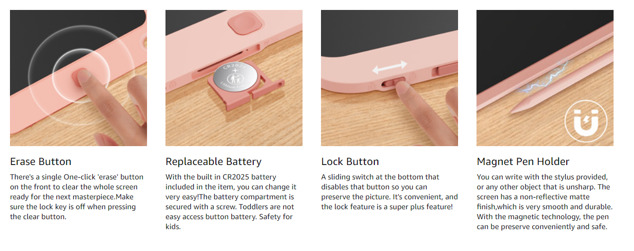 Close-up of Kikapabi LCD Writing Tablet features, including erase button, replaceable battery, lock button, and magnetic pen holder.