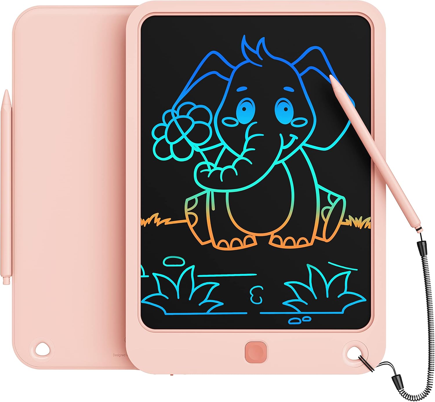 10-inch LCD Writing Tablet for Kids in Pink by Kikapabi with a colorful elephant drawing, lightweight design, and included stylus.