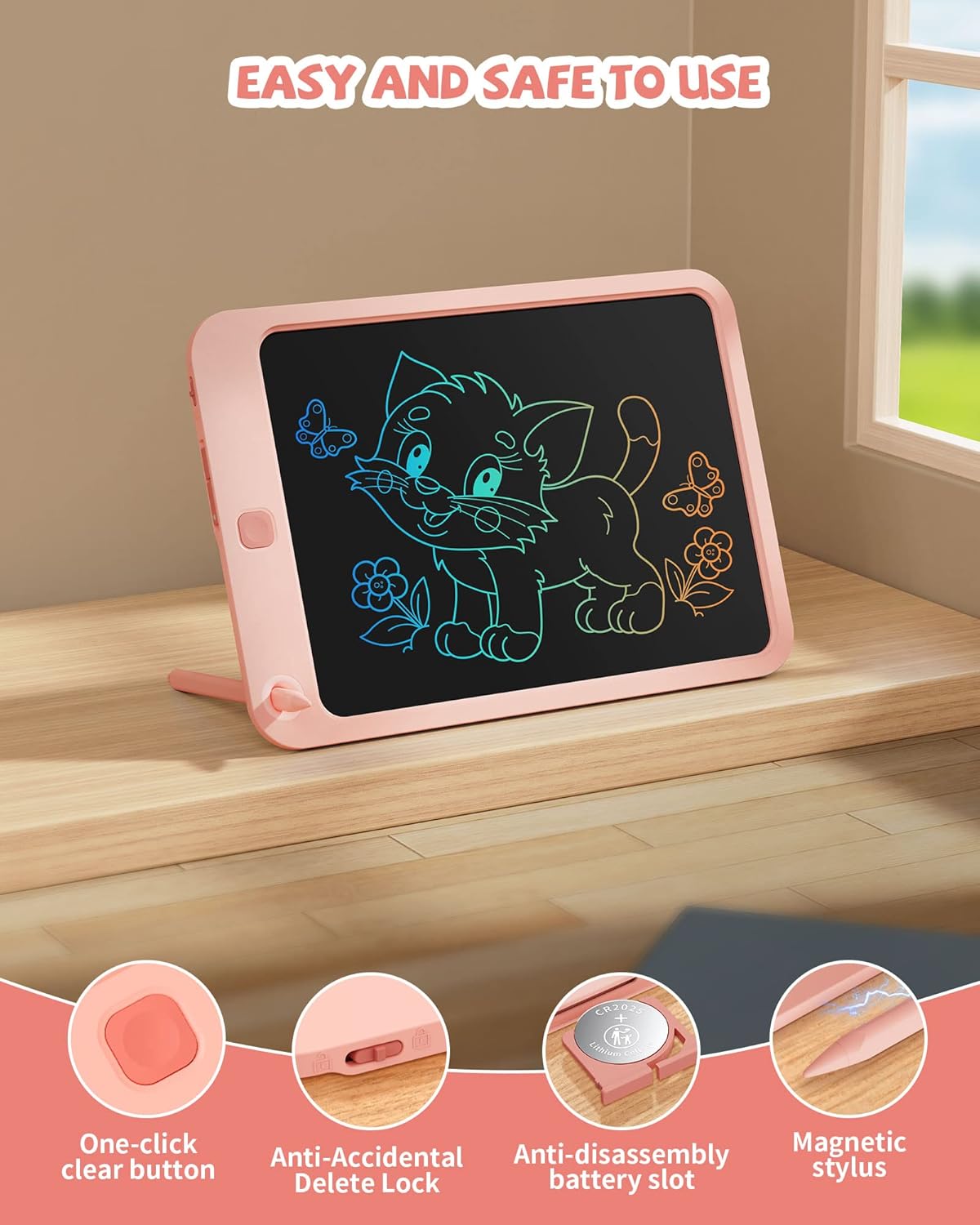 Kikapabi LCD Writing Tablet with a magnetic stylus, anti-accidental lock, one-click clear button, and kid-friendly features.