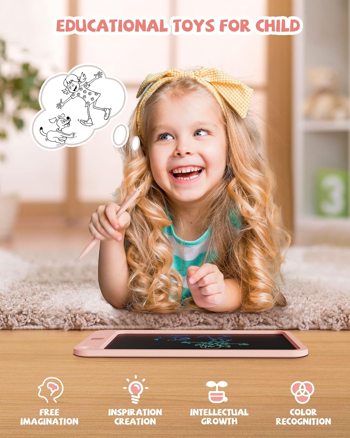 Smiling child using the Kikapabi LCD Writing Tablet, an educational toy promoting imagination, creativity, and intellectual growth.