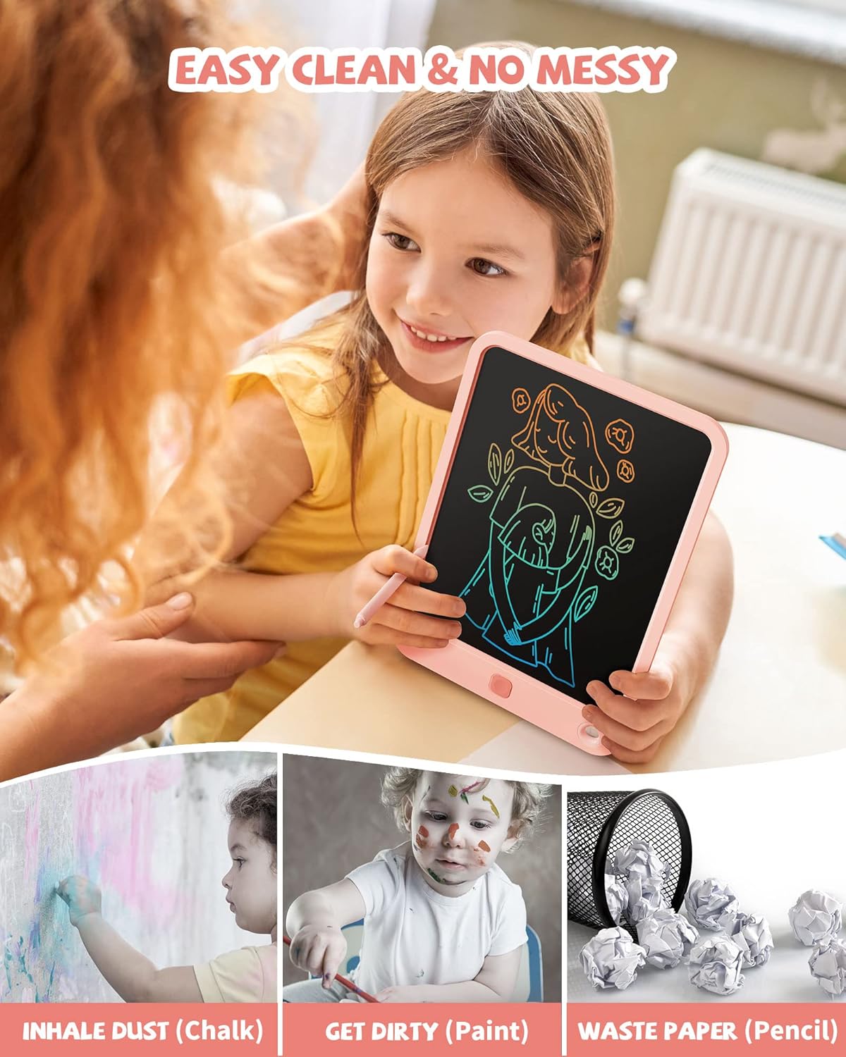 Child holding the Kikapabi 10-inch LCD Writing Tablet, showcasing mess-free creativity compared to chalk, paint, and paper waste.